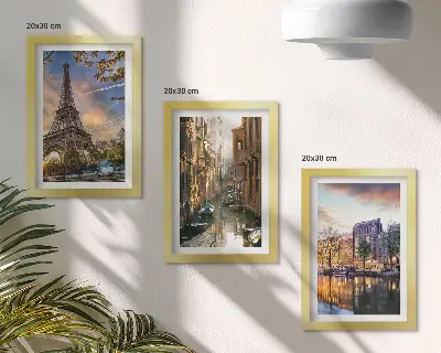Photo frame wall featuring the Eiffel Tower, the canals of Venice, and the streets of Amsterdam