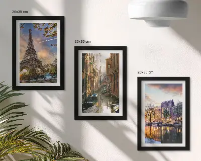 Photo frame wall featuring the Eiffel Tower, the canals of Venice, and the streets of Amsterdam