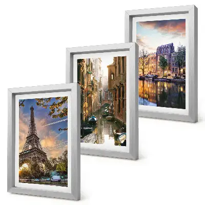 Photo frame wall featuring the Eiffel Tower, the canals of Venice, and the streets of Amsterdam