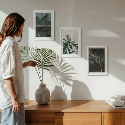 Green leaves on the window and plants inside framed triptych