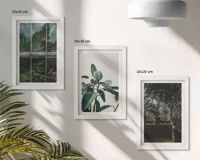 Green leaves on the window and plants inside framed triptych