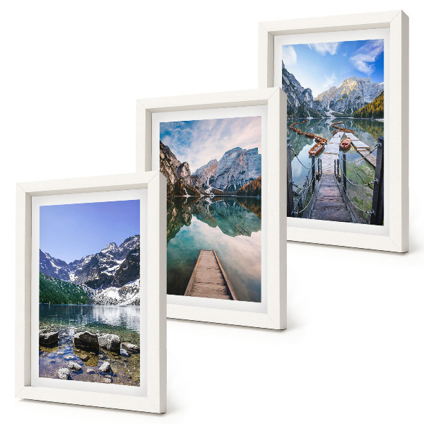 Framed triptych Mountains, lakes and wooden bridges over the water