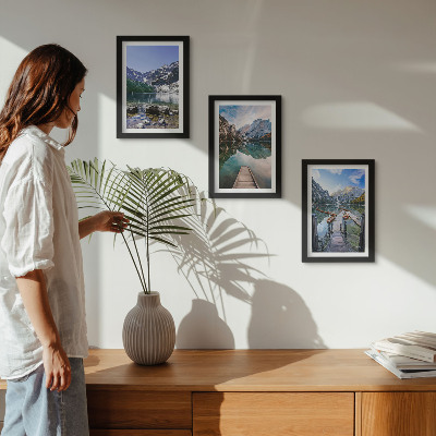 Framed triptych Mountains, lakes and wooden bridges over the water