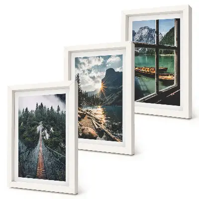3-piece wall art set featuring a forest lake bridge with boats and mountain view