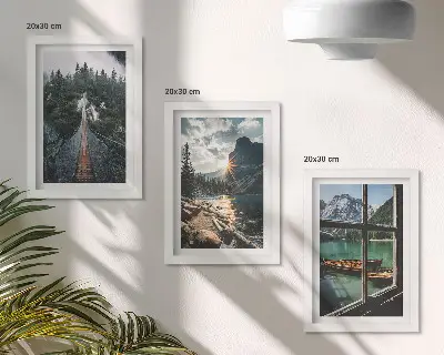 3-piece wall art set featuring a forest lake bridge with boats and mountain view