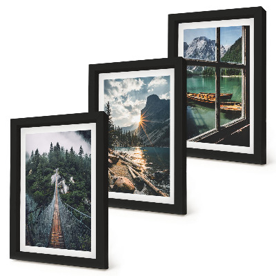 3-piece wall art set Bridge in the forest lake with boats mountain view