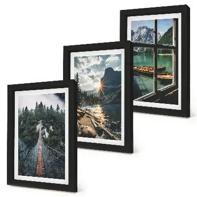 3-piece wall art set featuring a forest lake bridge with boats and mountain view