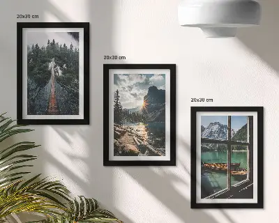 3-piece wall art set featuring a forest lake bridge with boats and mountain view
