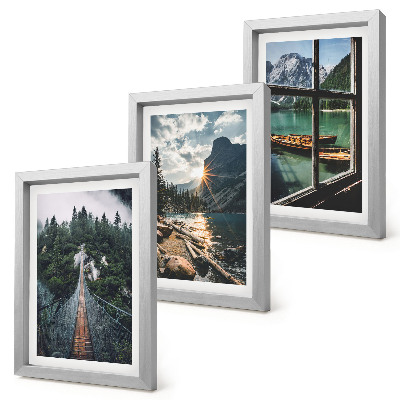 3-piece wall art set Bridge in the forest lake with boats mountain view