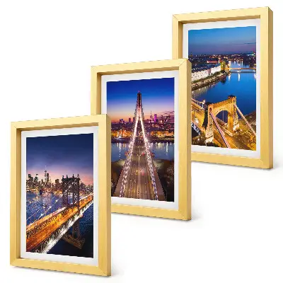 Framed triptych Night views of cities with bridges and rivers
