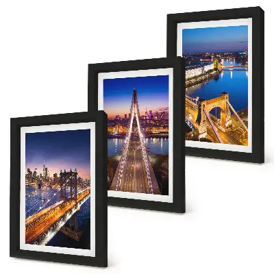 Framed triptych Night views of cities with bridges and rivers