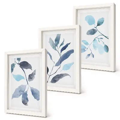 Framed triptych blue leaves on a light background in watercolor style