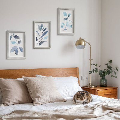 Framed triptych Blue leaves on a light background, watercolor style