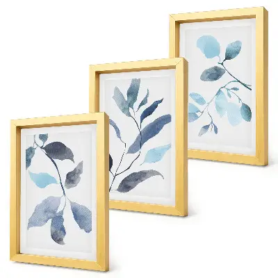 Framed triptych blue leaves on a light background in watercolor style