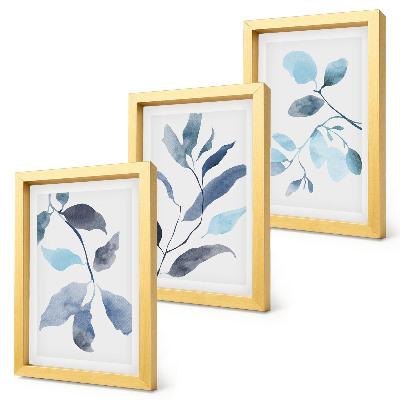 Framed triptych Blue leaves on a light background, watercolor style