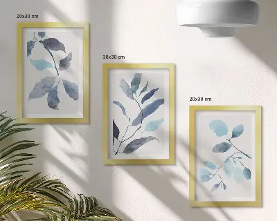 Framed triptych blue leaves on a light background in watercolor style