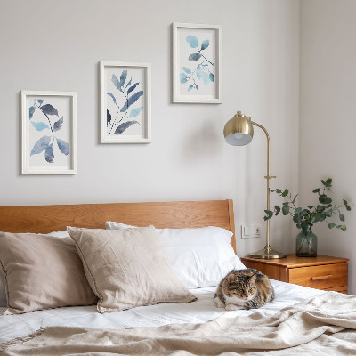 Framed triptych Blue leaves on a light background, watercolor style