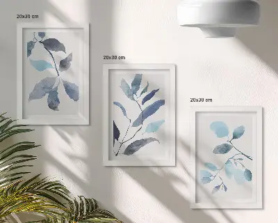 Framed triptych blue leaves on a light background in watercolor style