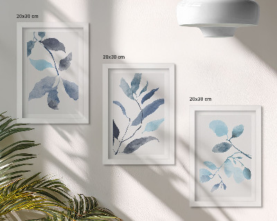 Framed triptych Blue leaves on a light background, watercolor style