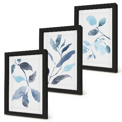 Framed triptych Blue leaves on a light background, watercolor style