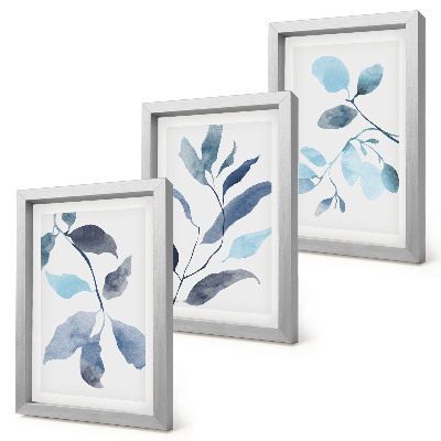 Framed triptych Blue leaves on a light background, watercolor style