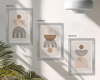 Photo frame wall with abstract shapes in shades of brown and beige