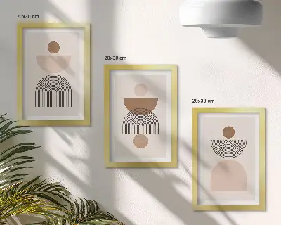 Photo frame wall with abstract shapes in shades of brown and beige