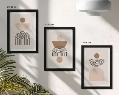 Photo frame wall with abstract shapes in shades of brown and beige