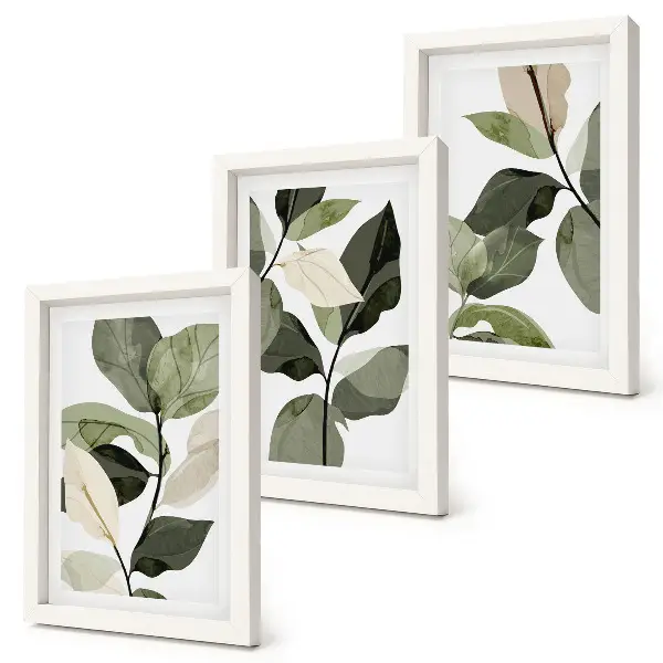 Framed triptych delicate boho plant leaves painting