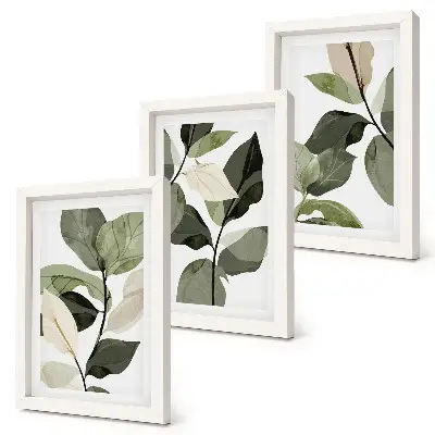 Framed triptych delicate boho plant leaves painting