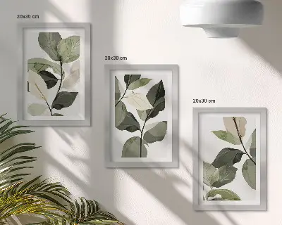 Framed triptych delicate boho plant leaves painting