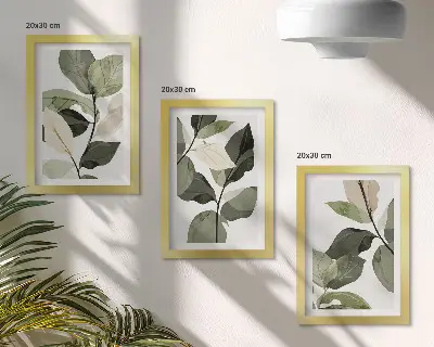 Framed triptych delicate boho plant leaves painting