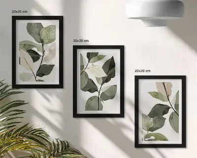 Framed triptych delicate boho plant leaves painting