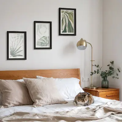 Photo frame wall with green and gray plant leaves