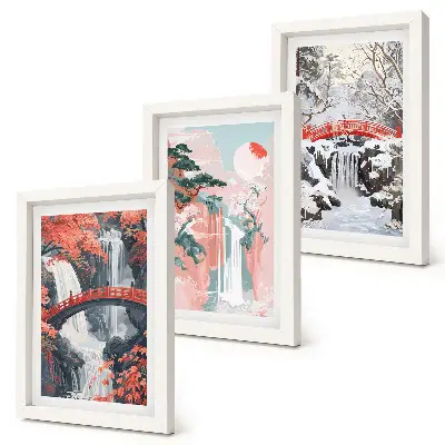 Waterfalls in different seasons with bridges and trees framed triptych