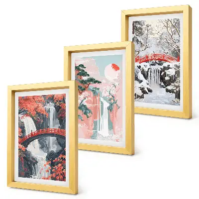 Waterfalls in different seasons with bridges and trees framed triptych
