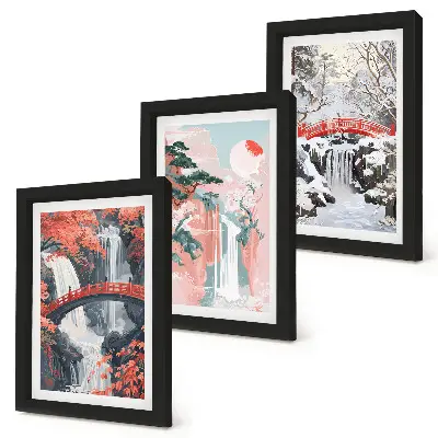Waterfalls in different seasons with bridges and trees framed triptych