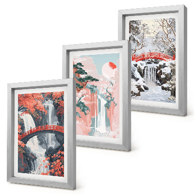 Framed triptych Waterfalls in different seasons with bridges and trees