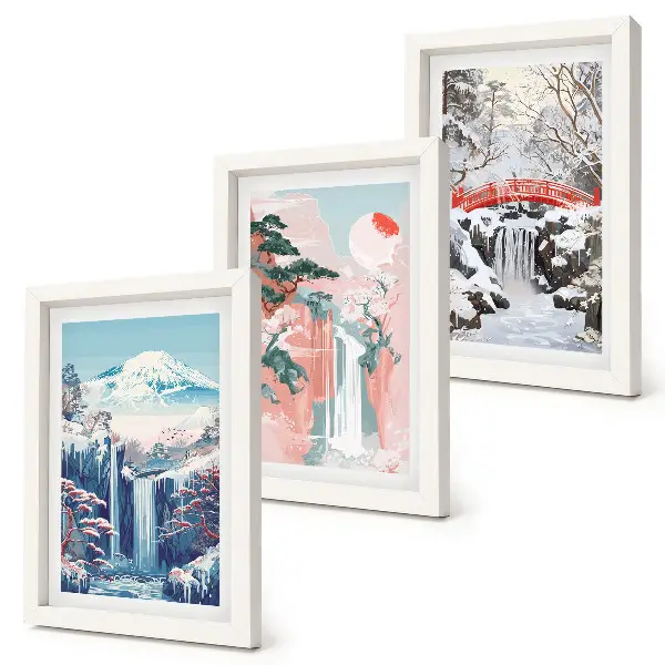 Photo frame wall featuring mountain landscapes and waterfalls across the seasons