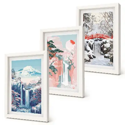 Photo frame wall featuring mountain landscapes and waterfalls across the seasons