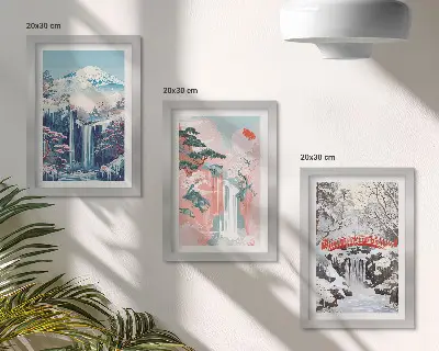 Photo frame wall featuring mountain landscapes and waterfalls across the seasons