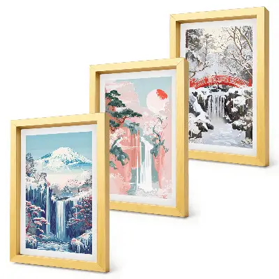 Photo frame wall featuring mountain landscapes and waterfalls across the seasons