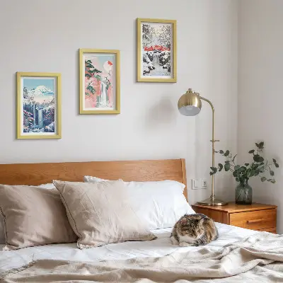 Photo frame wall featuring mountain landscapes and waterfalls across the seasons