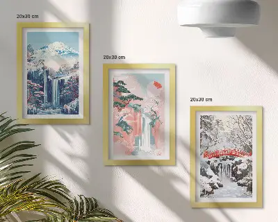 Photo frame wall featuring mountain landscapes and waterfalls across the seasons