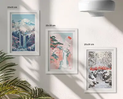 Photo frame wall featuring mountain landscapes and waterfalls across the seasons