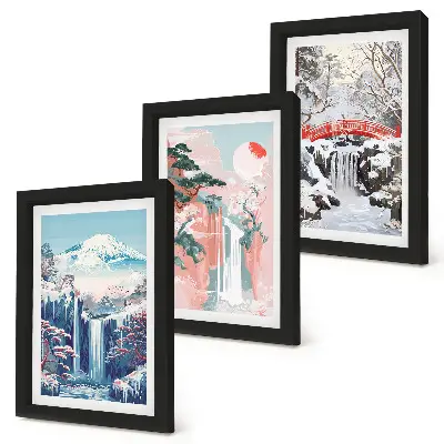 Photo frame wall featuring mountain landscapes and waterfalls across the seasons
