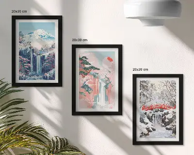 Photo frame wall featuring mountain landscapes and waterfalls across the seasons
