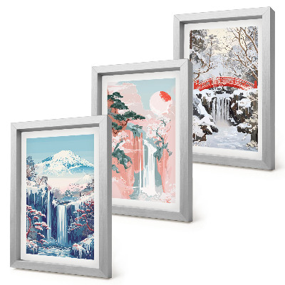 Photo frame wall Mountain landscapes and waterfalls in different seasons