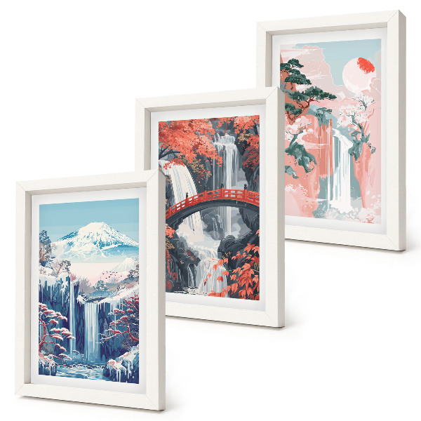 Framed triptych Waterfalls mountains with a bridge and flowering trees