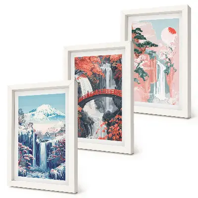 Waterfalls and mountains with a bridge and flowering trees framed triptych